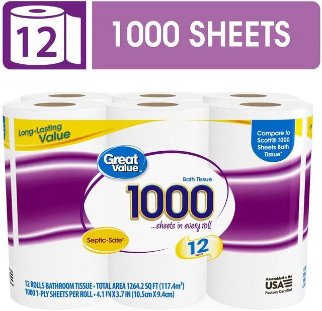 Main image of Great Value Toilet Paper, 1000 Sheets per Roll, 12 Rolls