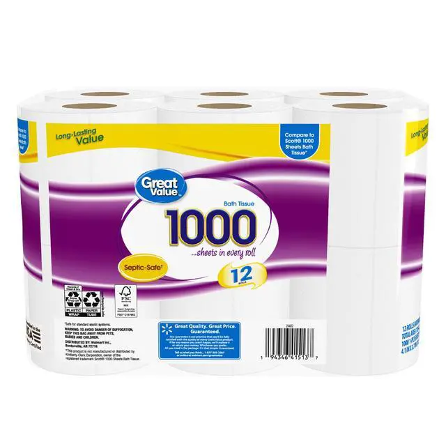 Alt view image 5 of 7 - Great Value Toilet Paper, 1000 Sheets per Roll, 12 Rolls
