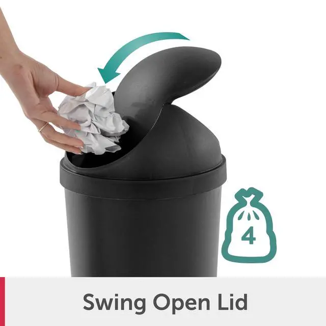 Alt view image 7 of 7 - Sterilite Small Bathroom Trash Can, 3 Gallon Plastic Garbage Bucket Bin with Swing Top Lid, Black