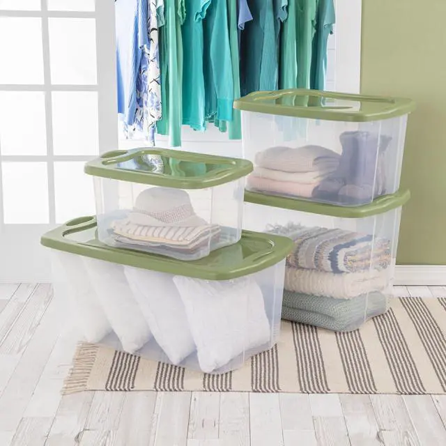 Alt view image 7 of 7 - Sterilite EZ Carry 40 Quart Medium Storage Bin, Clear Plastic Storage Container with Full-Grip Handles, Green
