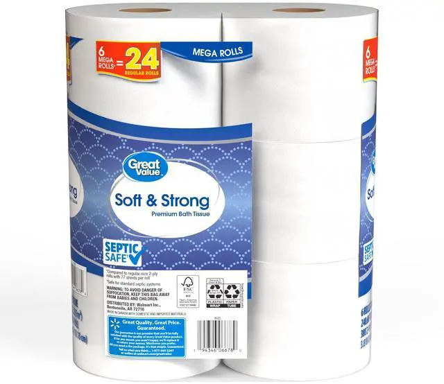 Alt view image 5 of 7 - Great Value Soft & Strong Premium Toilet Paper, 6 Mega Rolls, 380 Sheets per Roll