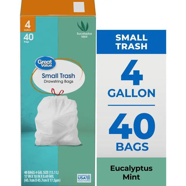 Alt view image 3 of 6 - Great Value 4-Gallon Small Drawstring Trash Bags, Eucalyptus Mint Scent, 40 Bags
