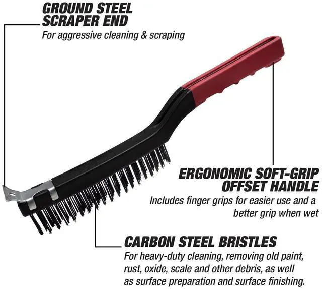 Alt view image 7 of 7 - Hyper Tough Carbon Steel Wire Brush with Scraper, 3 x 19 Rows