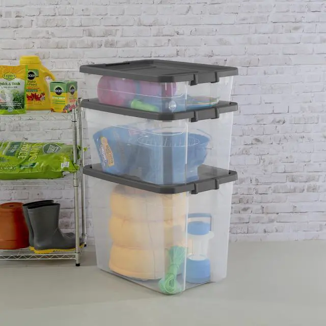 Alt view image 3 of 7 - Sterilite 40 Quart Medium Stackable Storage Bin, Clear Plastic Underbed Storage Container with Latch Lid, Dark Gray