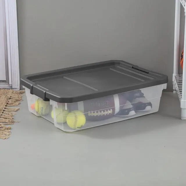 Alt view image 6 of 7 - Sterilite 40 Quart Medium Stackable Storage Bin, Clear Plastic Underbed Storage Container with Latch Lid, Dark Gray