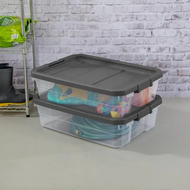 Alt view image 2 of 7 - Sterilite 40 Quart Medium Stackable Storage Bin, Clear Plastic Underbed Storage Container with Latch Lid, Dark Gray