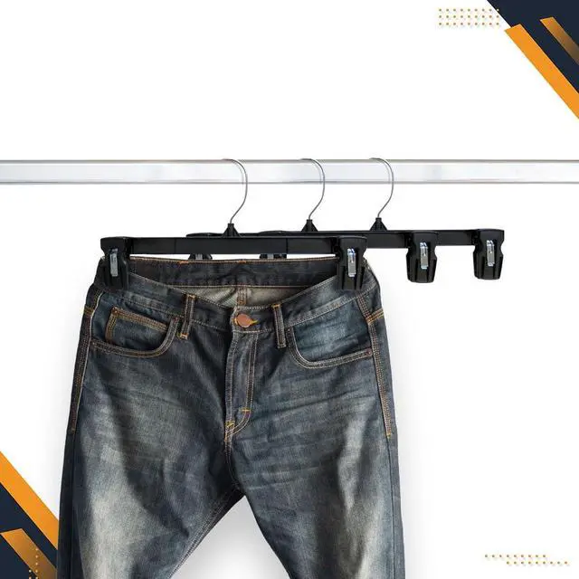 Alt view image 6 of 7 - Hanger Central Recycled Black Heavy Duty Plastic Pants & Skirt Bottom Hangers with Padded Pinch Clips and Polished Metal Swivel Hooks, 14 Inch, 25 Pack