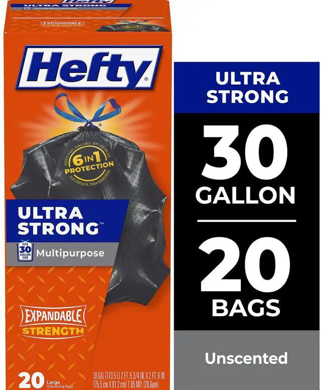 Main image of Hefty Ultra Strong Multipurpose Large Trash Bags, Black, Unscented, Made with 20% Post-Consumer Recycled Materials, 30 Gallon, 20 Count