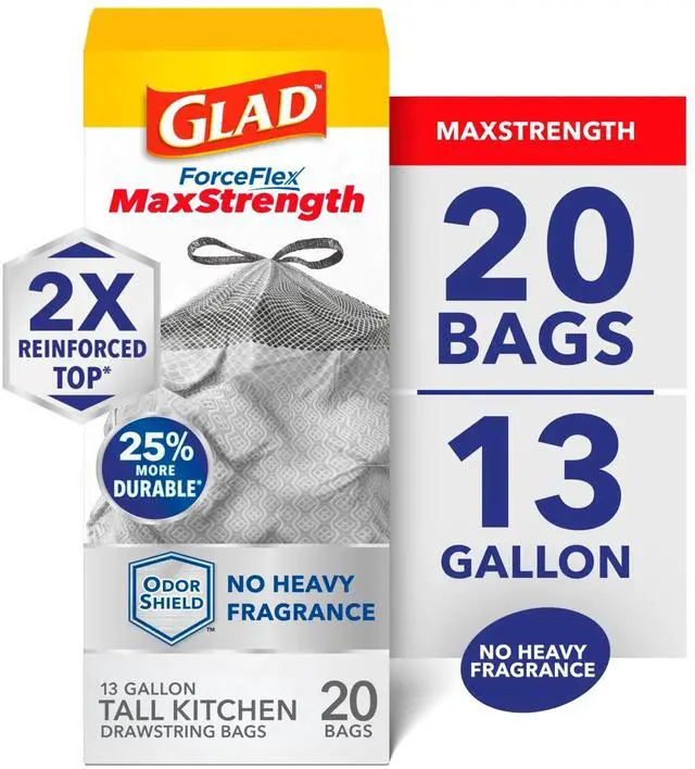 Main image of Glad ForceFlex MaxStrength OdorShield 13-Gallon Tall Kitchen Trash Bags, 20 Bags