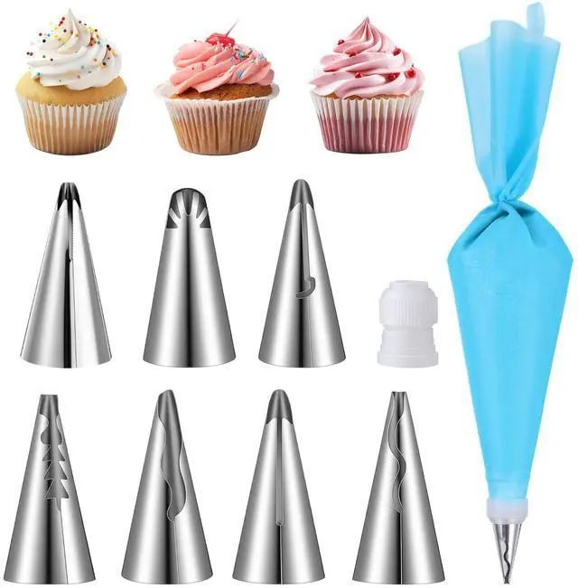 Main image of 9 Pcs Reusable Piping Bags and Tips Set, Stainless Steel Ruffle Large Piping Tips with Pastry Bag Cake Decorating Tips for Cupcakes Cookies Cake Decoration Tools