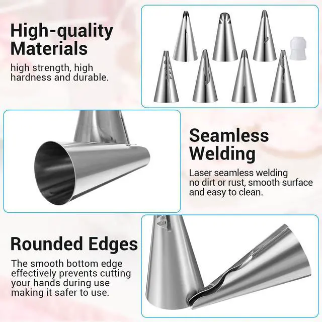 Alt view image 3 of 14 - 9 Pcs Reusable Piping Bags and Tips Set, Stainless Steel Ruffle Large Piping Tips with Pastry Bag Cake Decorating Tips for Cupcakes Cookies Cake Decoration Tools