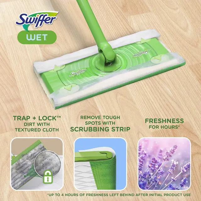 Alt view image 2 of 7 - Swiffer Sweep + Mop, Wet Pads Refill, Floor Cleaner for Dirt, Dust, Hair, Cleaning Cloths for Mopping Home, Bathroom, Kitchen, All Purpose Multi-Surface Floor Wipes, Lavender, 24ct