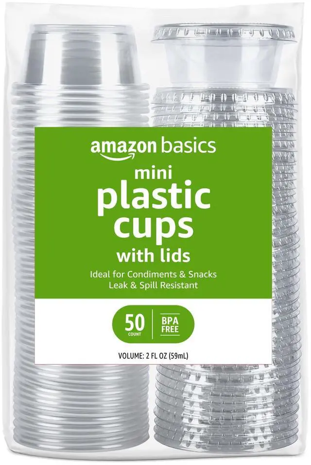 Main image of Amazon Basics Disposable Plastic To-Go Cups and Lids, Mini, 2oz, 50 Count, BPA Free, for Condiment, Salad Dressing, Sauces, Jello Shots