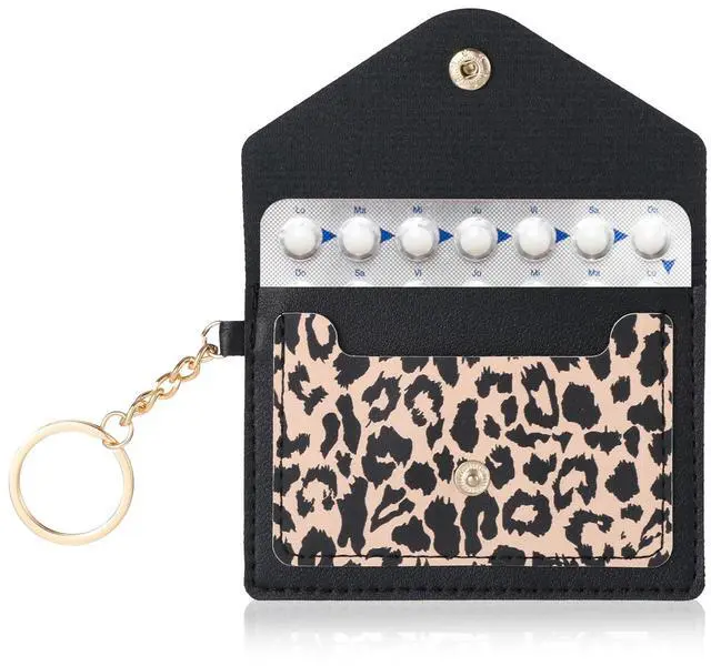 Main image of 1 Pack Birth Control Pill Case Sleeve Packet 4.3 X 3 Inch PU Leather Wallet Pill Holder Privacy Protection Birth Control Pill Wallet with Key Ring for Pill Card Organizer, Black