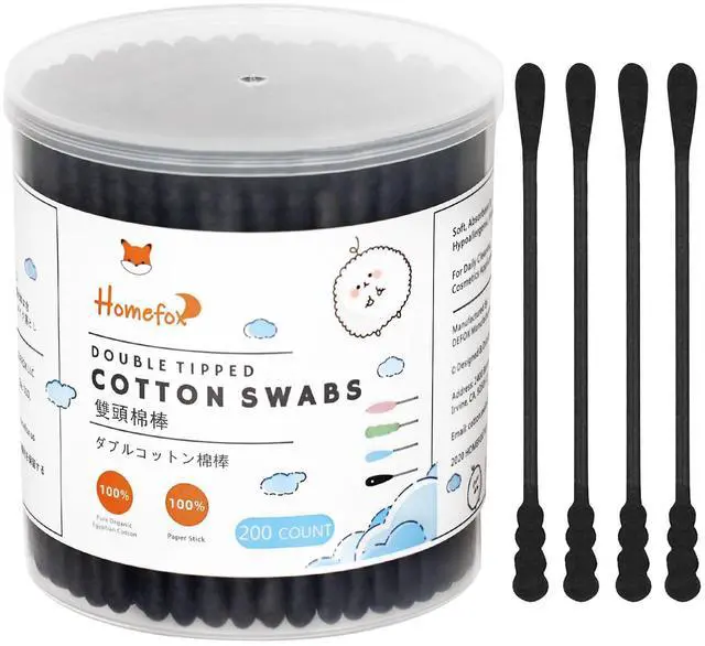 Main image of Black Cotton Swabs Spiral - 200 Count Organic Cotton Buds Gothic Bathroom Tightly Wrapped Charcoal Cotton Tips Paper Stick Soft Gentle Cruelty-Free Lint-Free, Round & Spiral (Black)