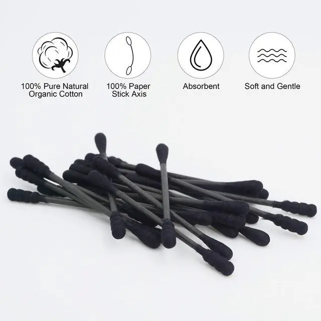 Alt view image 5 of 7 - Black Cotton Swabs Spiral - 200 Count Organic Cotton Buds Gothic Bathroom Tightly Wrapped Charcoal Cotton Tips Paper Stick Soft Gentle Cruelty-Free Lint-Free, Round & Spiral (Black)