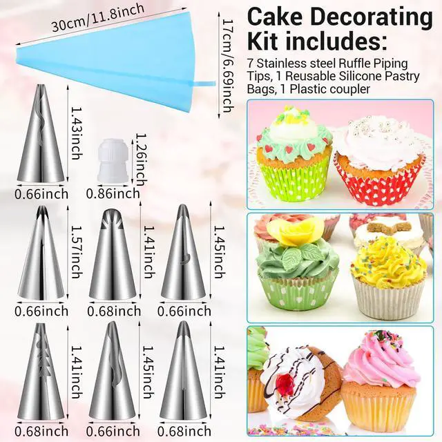 Alt view image 9 of 14 - 9 Pcs Reusable Piping Bags and Tips Set, Stainless Steel Ruffle Large Piping Tips with Pastry Bag Cake Decorating Tips for Cupcakes Cookies Cake Decoration Tools