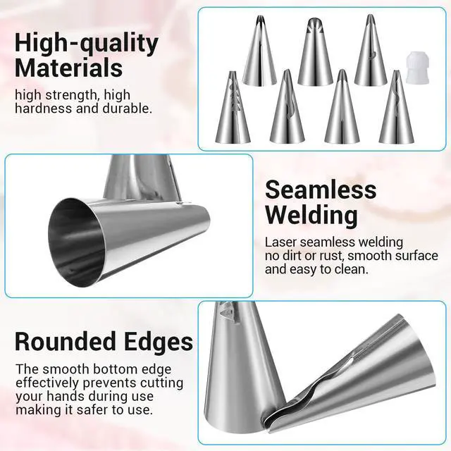 Alt view image 10 of 14 - 9 Pcs Reusable Piping Bags and Tips Set, Stainless Steel Ruffle Large Piping Tips with Pastry Bag Cake Decorating Tips for Cupcakes Cookies Cake Decoration Tools
