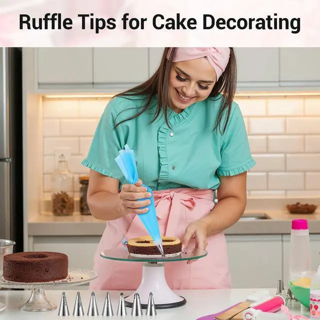 Alt view image 12 of 14 - 9 Pcs Reusable Piping Bags and Tips Set, Stainless Steel Ruffle Large Piping Tips with Pastry Bag Cake Decorating Tips for Cupcakes Cookies Cake Decoration Tools