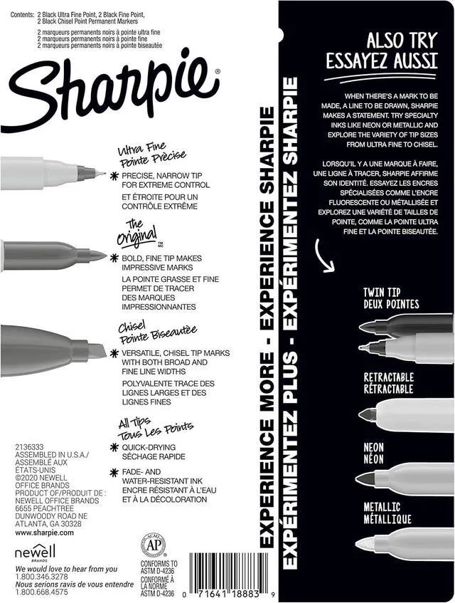 Alt view image 4 of 6 - Sharpie Permanent Markers Variety Pack, Includes Chisel, Fine, and Ultra-Fine Tips, Black, 6 Count - Poster, Office, School Supplies