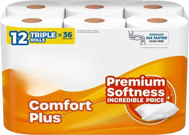 Main image of ComfortPlus 1-Ply Bath Toilet Paper, 12 Triple Rolls Equal to 36 Regular Rolls, 231 Sheets per Roll, Rapidly Dissolving Septic-Safe Tissue, Durable Disposable Bathroom Toilet Tissue for Household