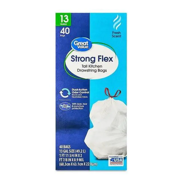 Alt view image 3 of 3 - ICUTE-Great Value Strong Flex 13-Gallon Drawstring Tall Kitchen Trash Bags, Fresh Scent, 40 Bags
