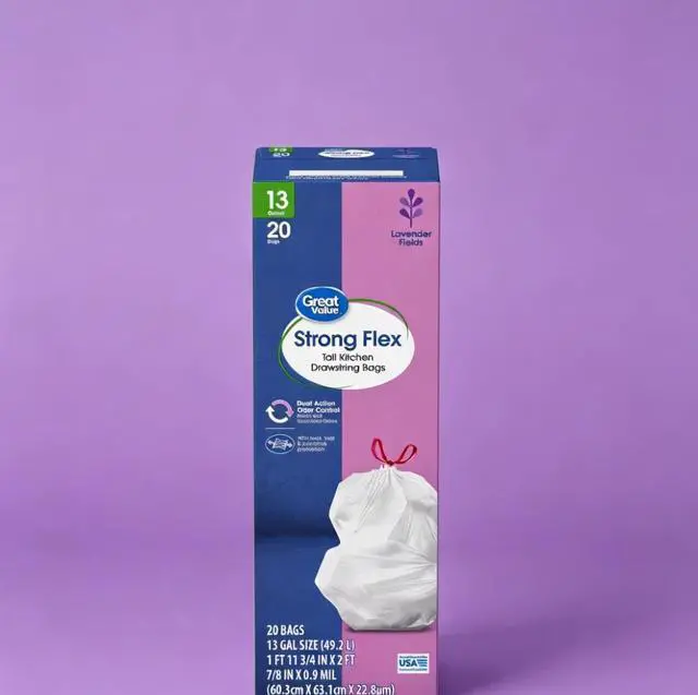Main image of 13-Gallon Strong Flex Drawstring Tall Kitchen Trash Bags, Lavender Fields Scent, 20 Bags