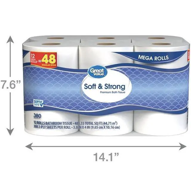 Alt view image 3 of 4 - ICUTE-Great Value Soft & Strong Toilet Paper, 12 Mega Rolls, 380 Sheets per Roll