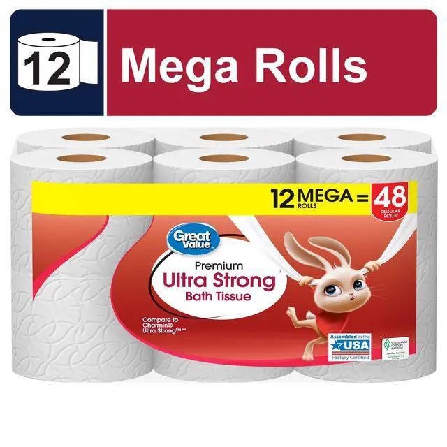 Alt view image 2 of 6 - Great Value Ultra Strong 2-Ply Toilet Paper, 12 Mega Rolls, Compare to Charmin Ultra Strong