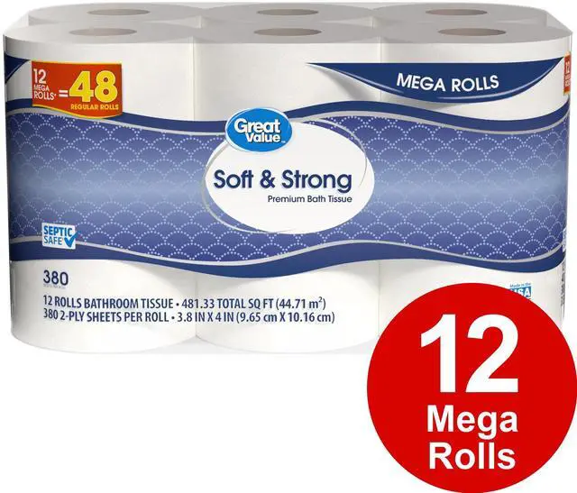 Main image of ICUTE-Great Value Soft & Strong Toilet Paper, 12 Mega Rolls, 380 Sheets per Roll
