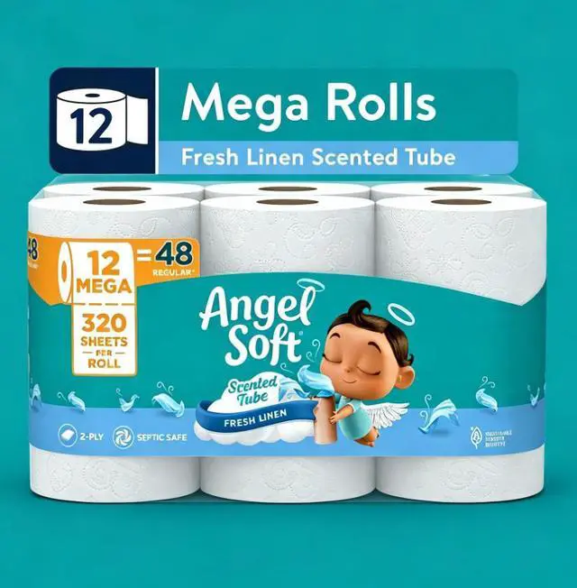 Alt view image 2 of 5 - ICUTE-Angel Soft 2-Ply Toilet Paper, Fresh Linen Scented Tube, 12 Mega Rolls, 320 Sheets per Roll