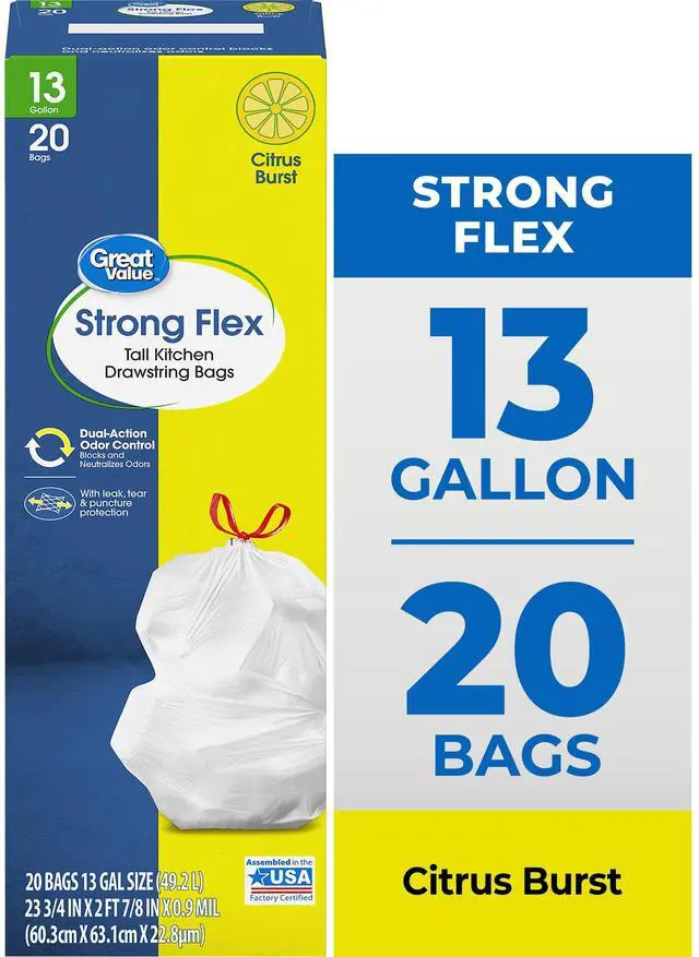 Main image of ICUTE-Great Value Strong Flex 13-Gallon Drawstring Tall Kitchen Trash Bags, Citrus Burst, 20 Count