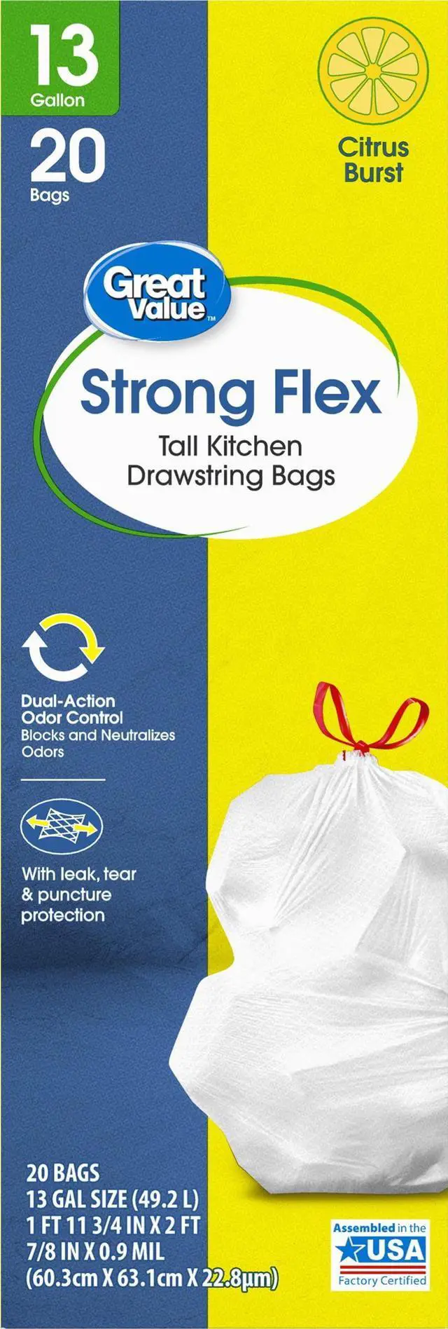 Alt view image 2 of 5 - ICUTE-Great Value Strong Flex 13-Gallon Drawstring Tall Kitchen Trash Bags, Citrus Burst, 20 Count