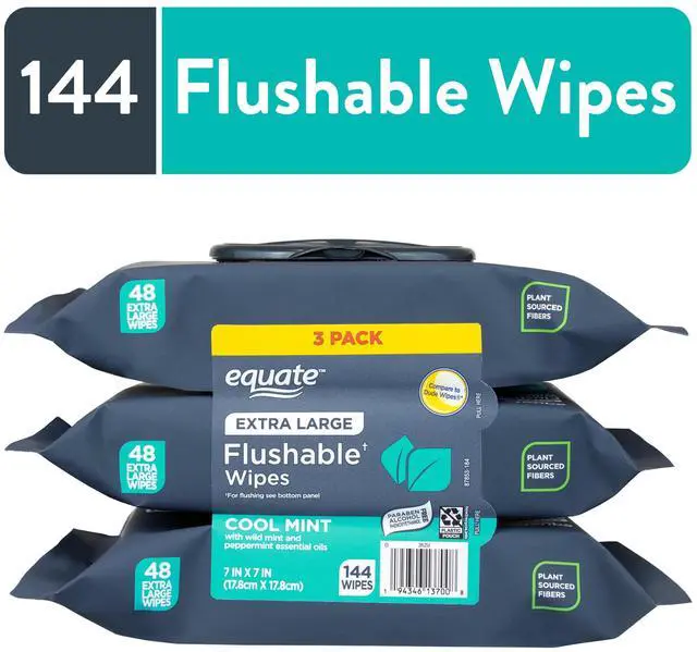 Main image of ICUTE-Equate Extra Large Flushable Wet Wipes, Cool Mint Scent, 144 Wipes, 3 Pack