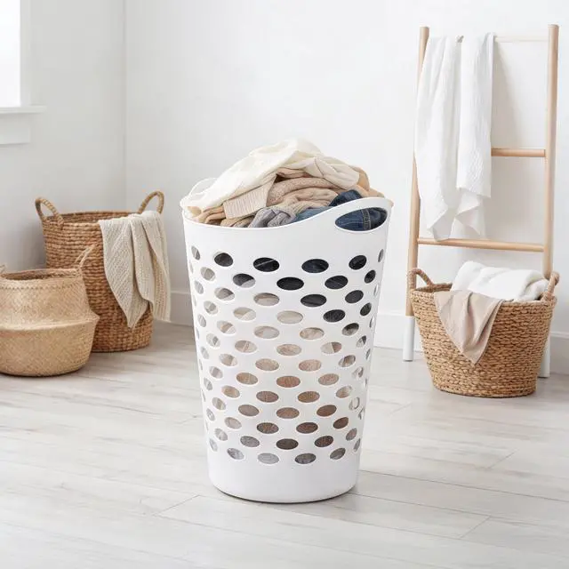 Alt view image 7 of 7 - ICUTE-Mainstays Flexible Round Laundry Hamper, White Plastic