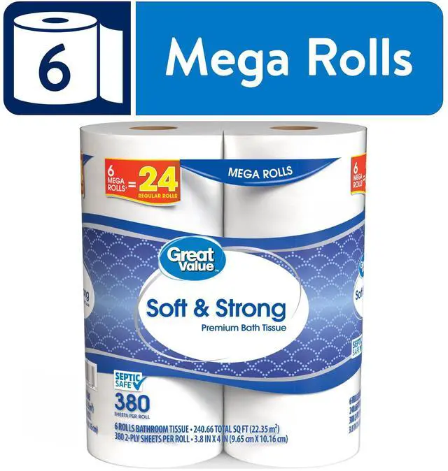Main image of ICUTE-Great Value Soft & Strong Premium Toilet Paper, 6 Mega Rolls, 380 Sheets per Roll