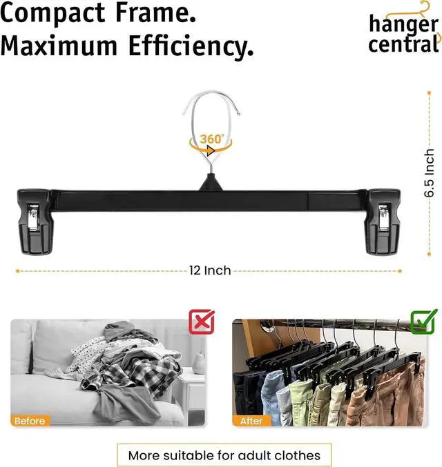 Alt view image 2 of 6 - ICUTE-Hanger Central 10 Pack Black Plastic Pants Hangers with Clips 12 inch