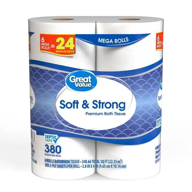 Alt view image 2 of 6 - ICUTE-Great Value Soft & Strong Premium Toilet Paper, 6 Mega Rolls, 380 Sheets per Roll