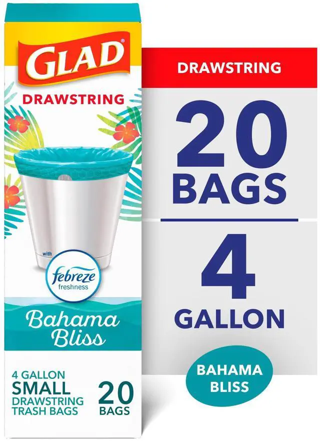 Main image of ICUTE-Glad 4-Gallon Teal Drawstring Small Trash Bags, Febreze Freshness Bahama Bliss Scent, 20 Bags