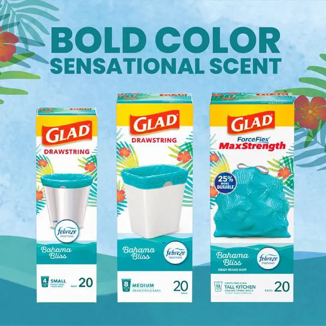 Alt view image 5 of 6 - ICUTE-Glad 4-Gallon Teal Drawstring Small Trash Bags, Febreze Freshness Bahama Bliss Scent, 20 Bags