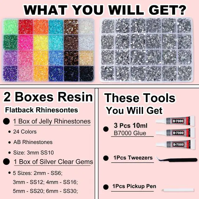 Alt view image 2 of 6 - 2 Boxes Rhinestones for Bedazzling Kits, Multicolor 3mm & Silver Clear 2/3/4/5/6mm Resin Flatback Gems for Diamond Art, Bedazzler Kit with 3Pcs 10ml B7000 Jewelry Glue for DIY Crafting Crafts Decor