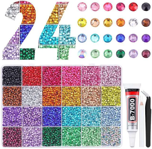 Main image of 24000Pcs Resin Rhinestones for Bedazzling with Tweezers, Multicolor 3mm Rhinestones for Crafting with B7000 Jewelry Glue for DIY Crafts Clothing Tumblers Shoes Fabric Nail Art