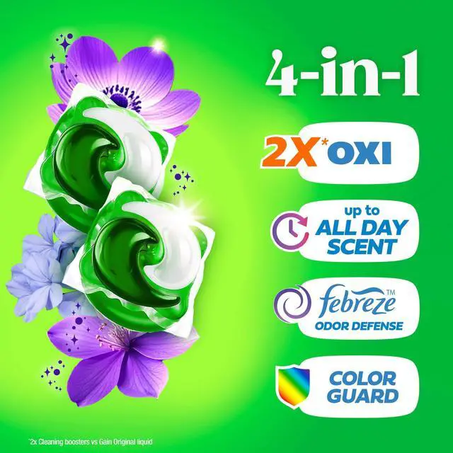 Alt view image 3 of 5 - Gain Flings Laundry Detergent Soap Pacs, 4-in-1 Oxi Boost and Febreze, Moonlight Breeze Scent, 12 Count