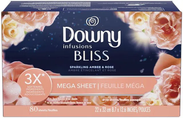 Alt view image 7 of 7 - Downy Fabric Softener Dryer Sheets, Infusions Bliss Amber and Rose Scent, 80 Mega Dryer Sheets