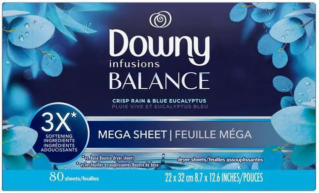 Alt view image 6 of 6 - Downy Fabric Softener Dryer Sheets, Infusions Balance Crisp Rain and Blue Eucalyptus Scent, 80 Mega Dryer Sheets