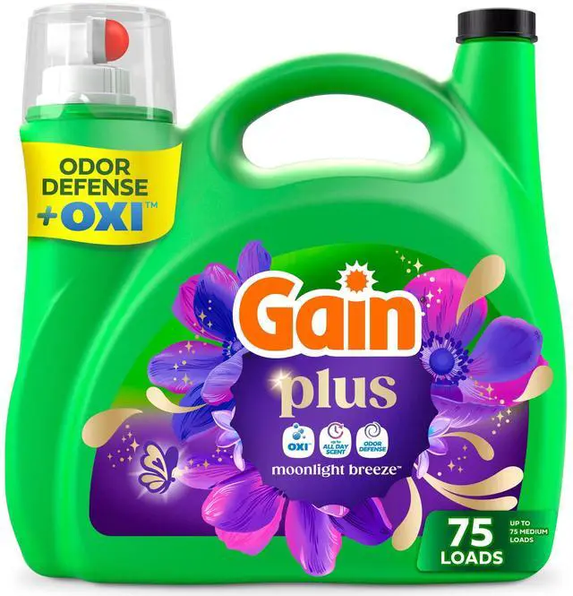 Main image of Gain Plus Laundry Detergent Liquid, Now with Odor Defense + OXI, Moonlight Breeze Scent, 99 fl oz, 75 Loads