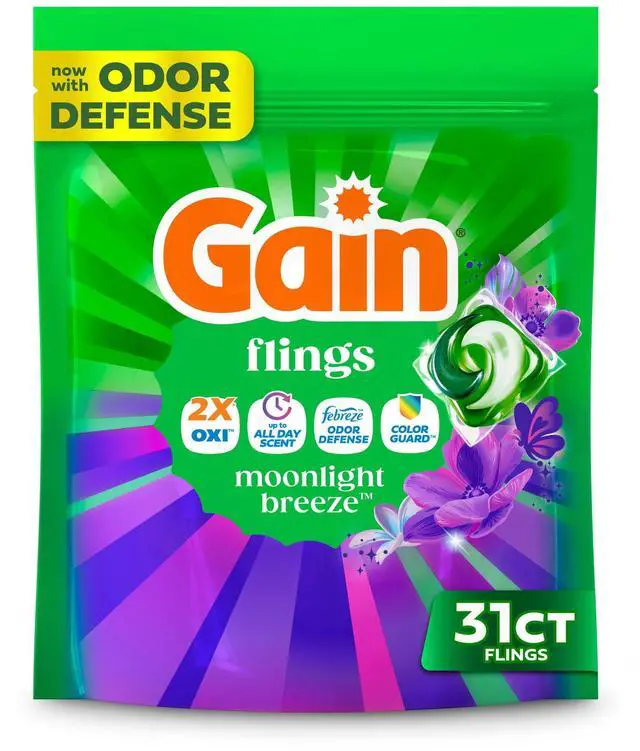 Main image of Gain Flings Laundry Detergent Soap Pacs, 4-in-1 Oxi Boost and Febreze, Moonlight Breeze Scent, 31 Count