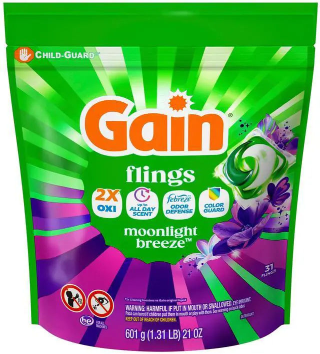 Alt view image 6 of 7 - Gain Flings Laundry Detergent Soap Pacs, 4-in-1 Oxi Boost and Febreze, Moonlight Breeze Scent, 31 Count