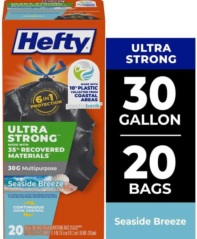 Main image of Hefty Ultra Strong 30 Gallon Trash Bags, Multipurpose Large Trash Bags Made with Recovered Materials, Including Coastal Plastic, Black, Seaside Breeze Scent, 20 Bags
