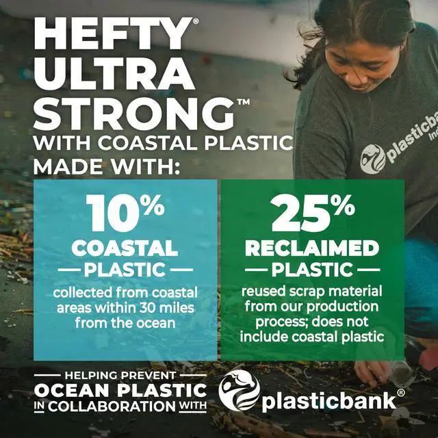 Alt view image 4 of 5 - Hefty Ultra Strong 30 Gallon Trash Bags, Multipurpose Large Trash Bags Made with Recovered Materials, Including Coastal Plastic, Black, Seaside Breeze Scent, 20 Bags